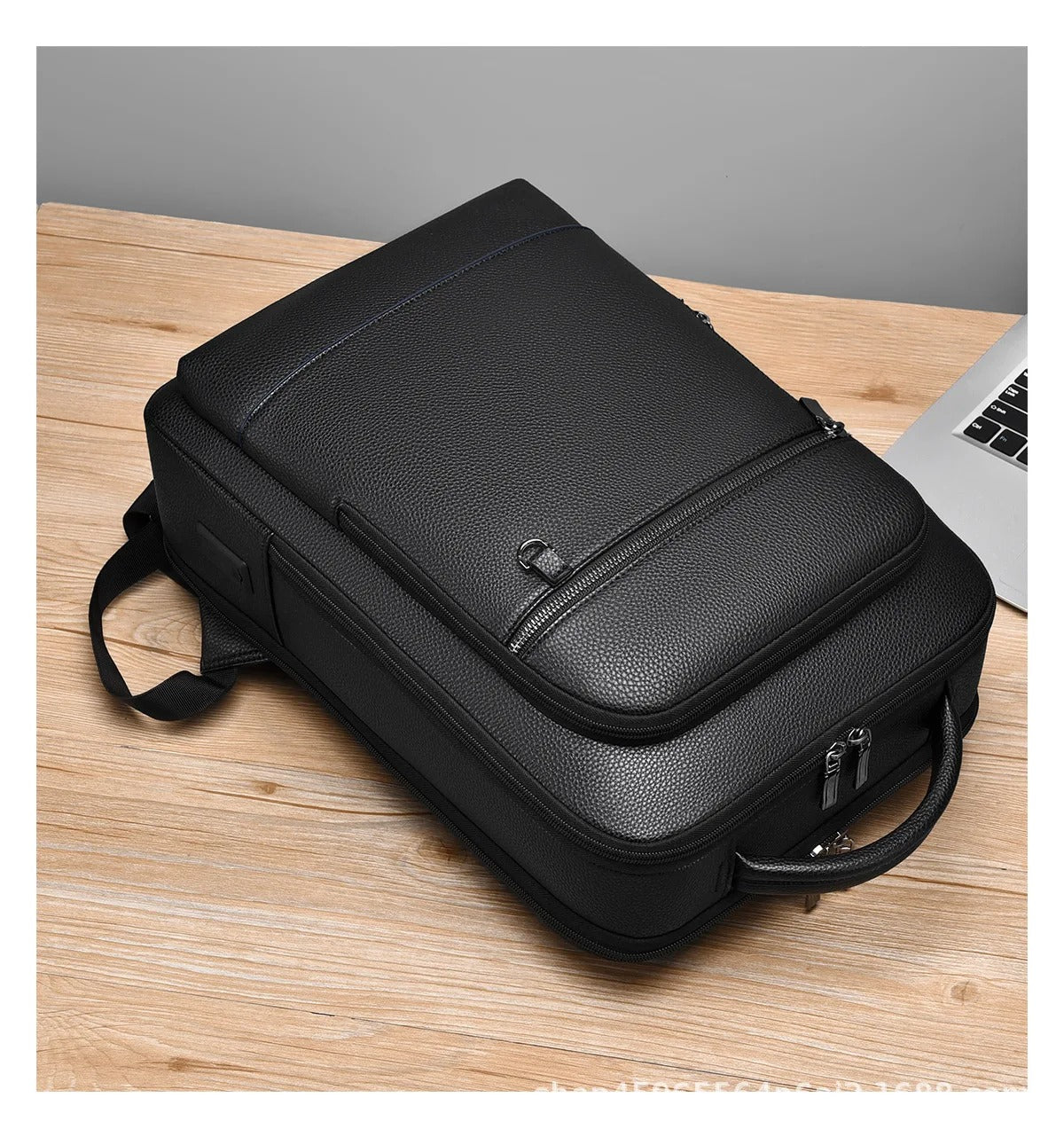 Elegante mochila de cuero para mujer/hombre con conexión USB para portátil y uso diario, 15,6 pulgadas, negro