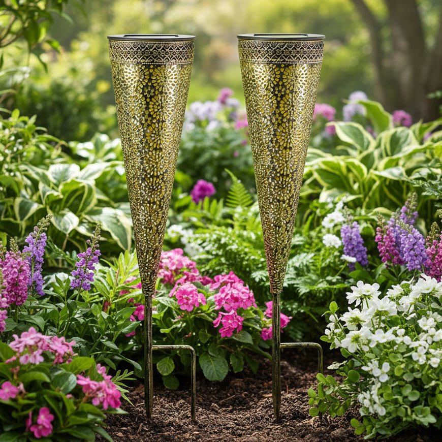 ORBISOL – Set of 2 conical hollow solar lights with ground stakes for modern solar garden decoration