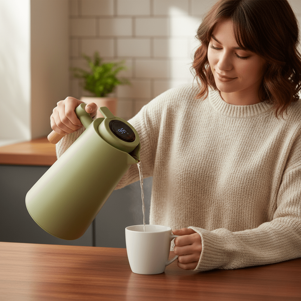 LATTEA THERMO – Thermos à double paroi avec affichage de la température et poignée en bois