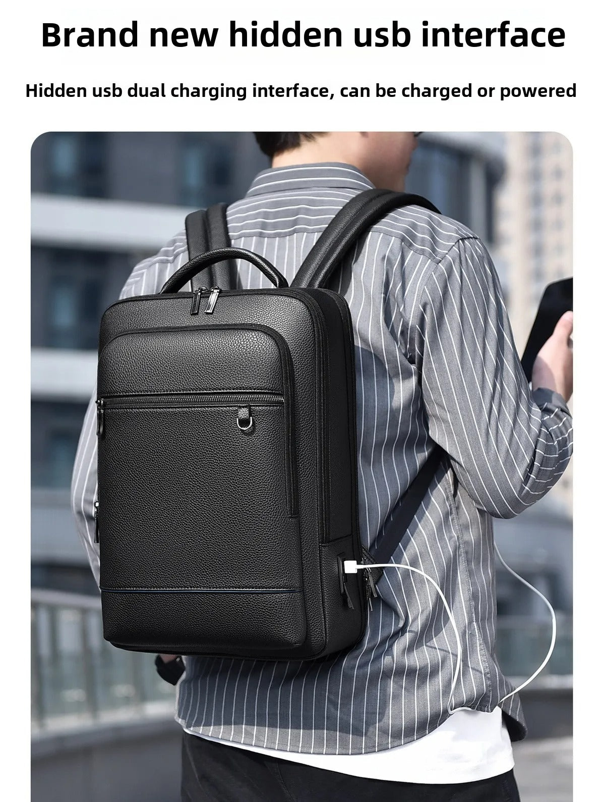 Elegante mochila de cuero para mujer/hombre con conexión USB para portátil y uso diario, 15,6 pulgadas, negro