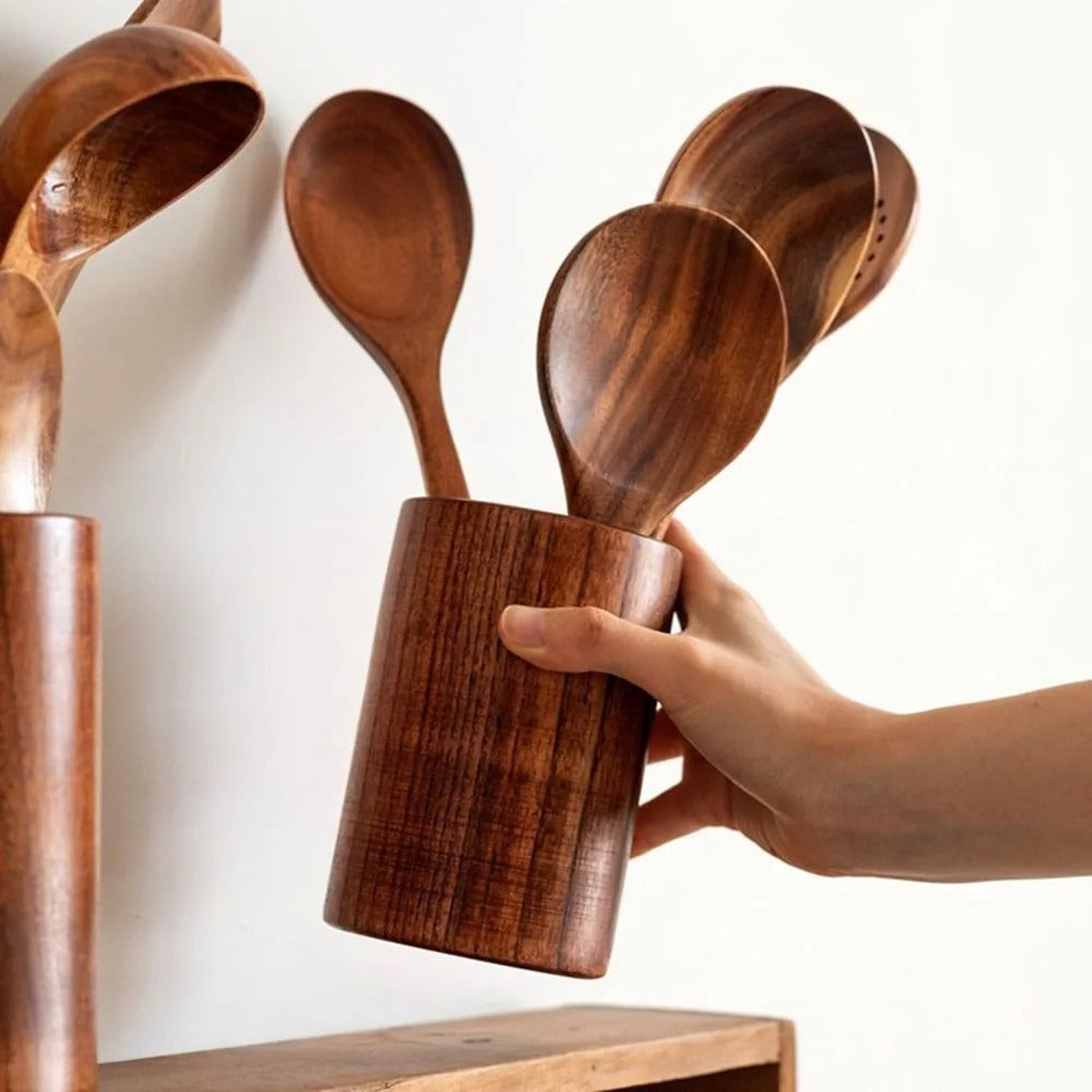 Set de utensilios de cocina de madera de teca – Elegantes utensilios de cocina para ayudantes modernos en la cocina