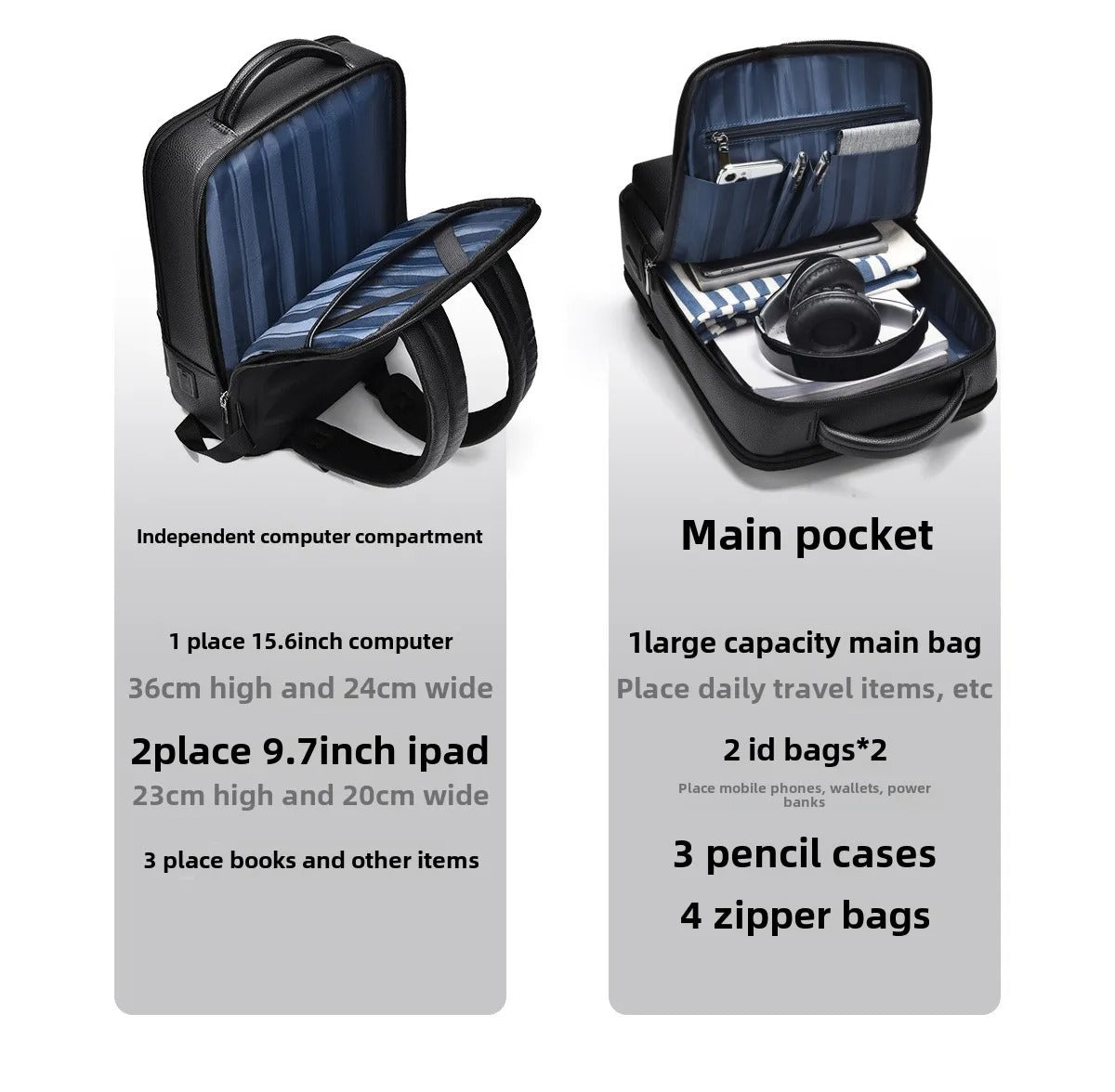 Elegante mochila de cuero para mujer/hombre con conexión USB para portátil y uso diario, 15,6 pulgadas, negro