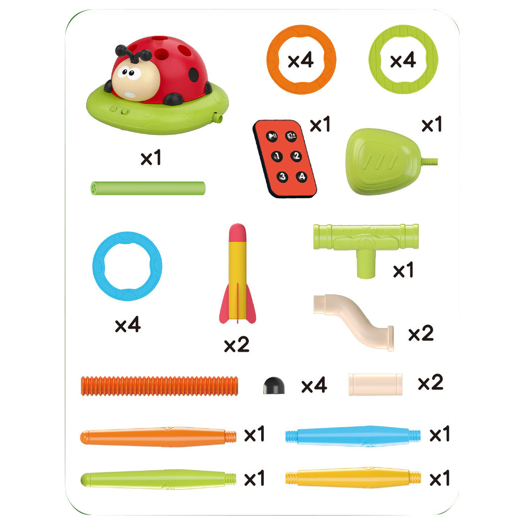 PlayMax – Set de actividades 3 en 1 para niños con comba, lanzamiento de anillos y cohete de pedales