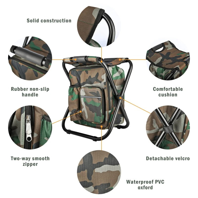 CAMOCHAIR PACK - 3-in-1 camouflage rucksack with folding chair & cooler compartment