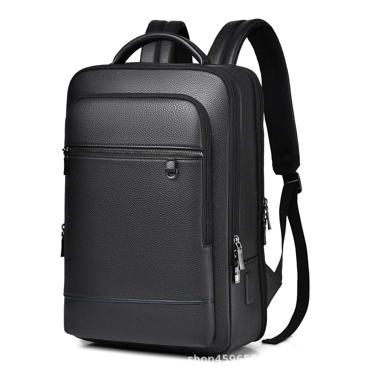 Elegante mochila de cuero para mujer/hombre con conexión USB para portátil y uso diario, 15,6 pulgadas, negro