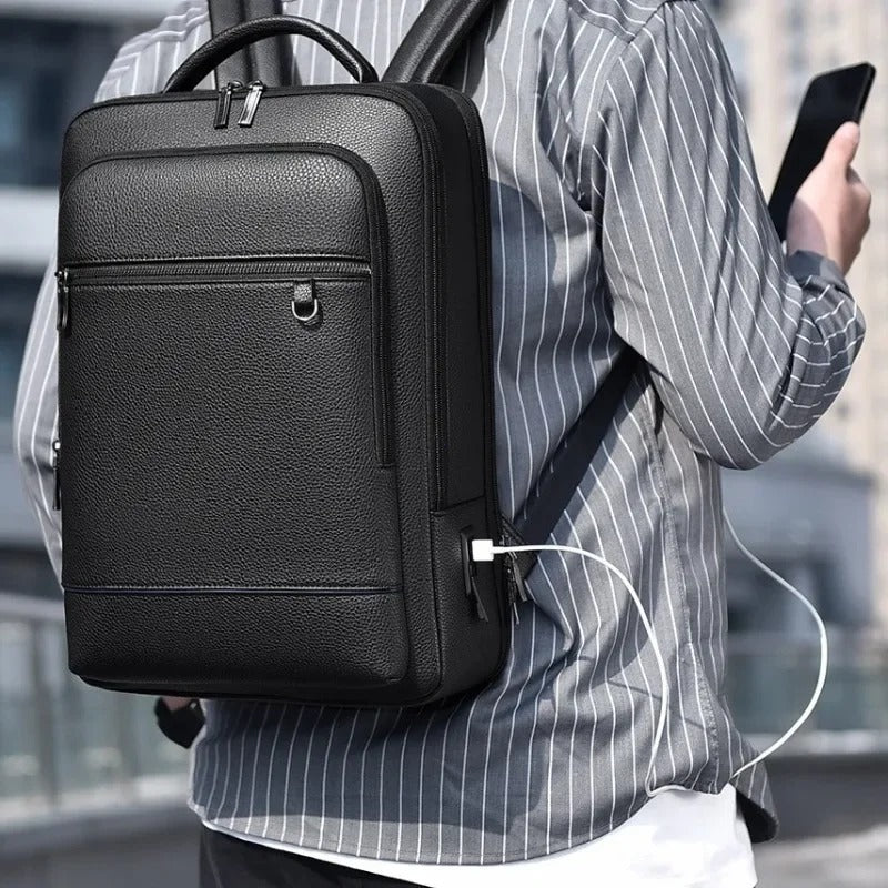 Elegante mochila de cuero para mujer/hombre con conexión USB para portátil y uso diario, 15,6 pulgadas, negro