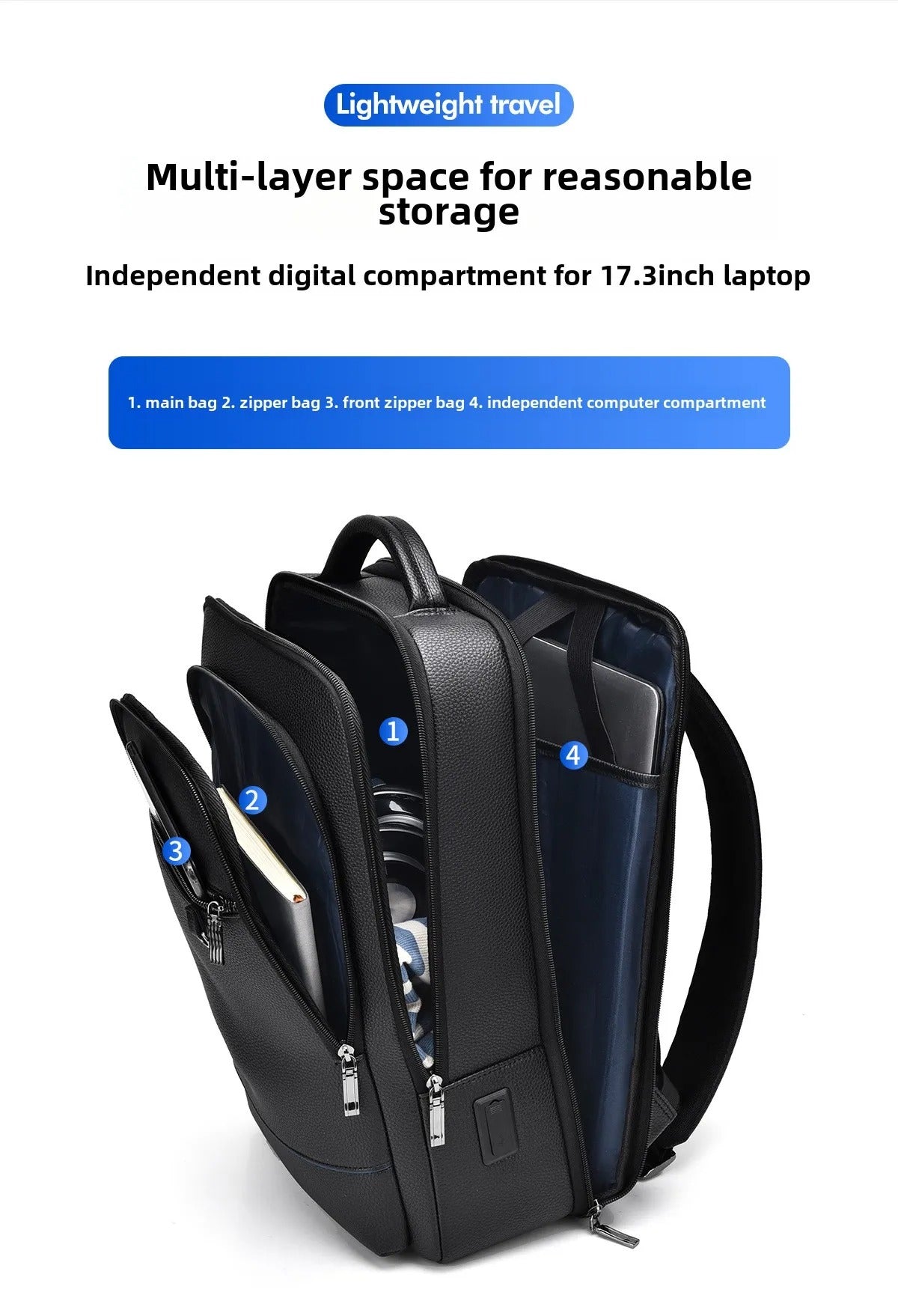Elegante mochila de cuero para mujer/hombre con conexión USB para portátil y uso diario, 15,6 pulgadas, negro