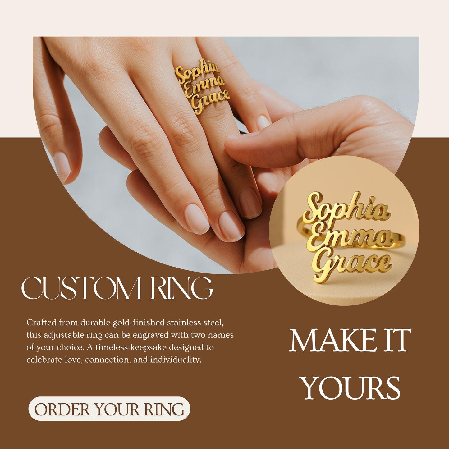 DUONARA – Elegant stainless steel name ring with engraving