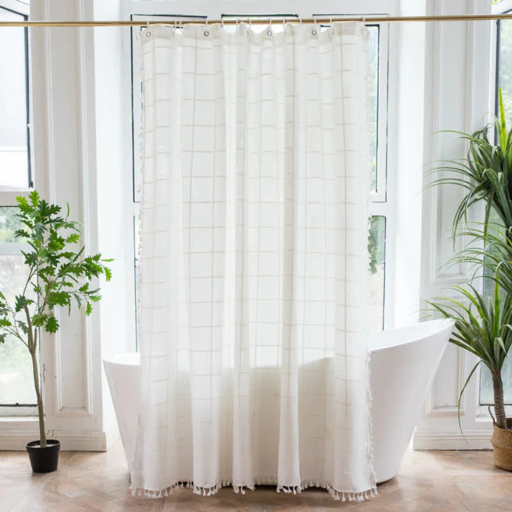 COTTONHAVEN Shower Curtain - Soft cotton shower curtain with fringes for cosy bathrooms