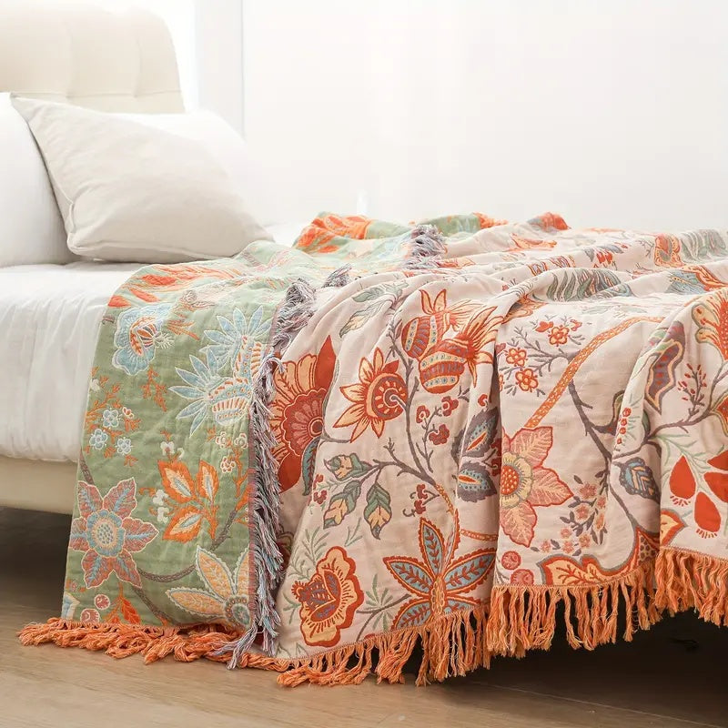 Boho-Chic – Cotton Throw Blanket with Floral Pattern