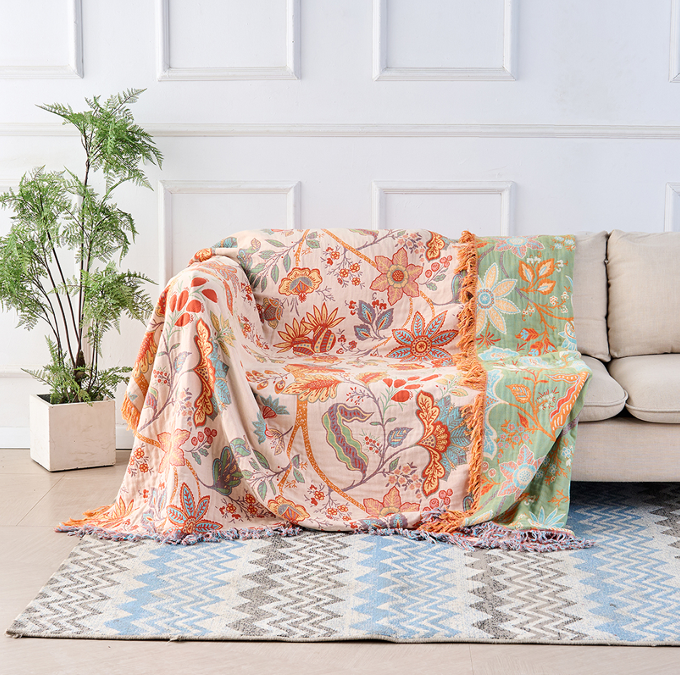 Boho-Chic – Cotton Throw Blanket with Floral Pattern