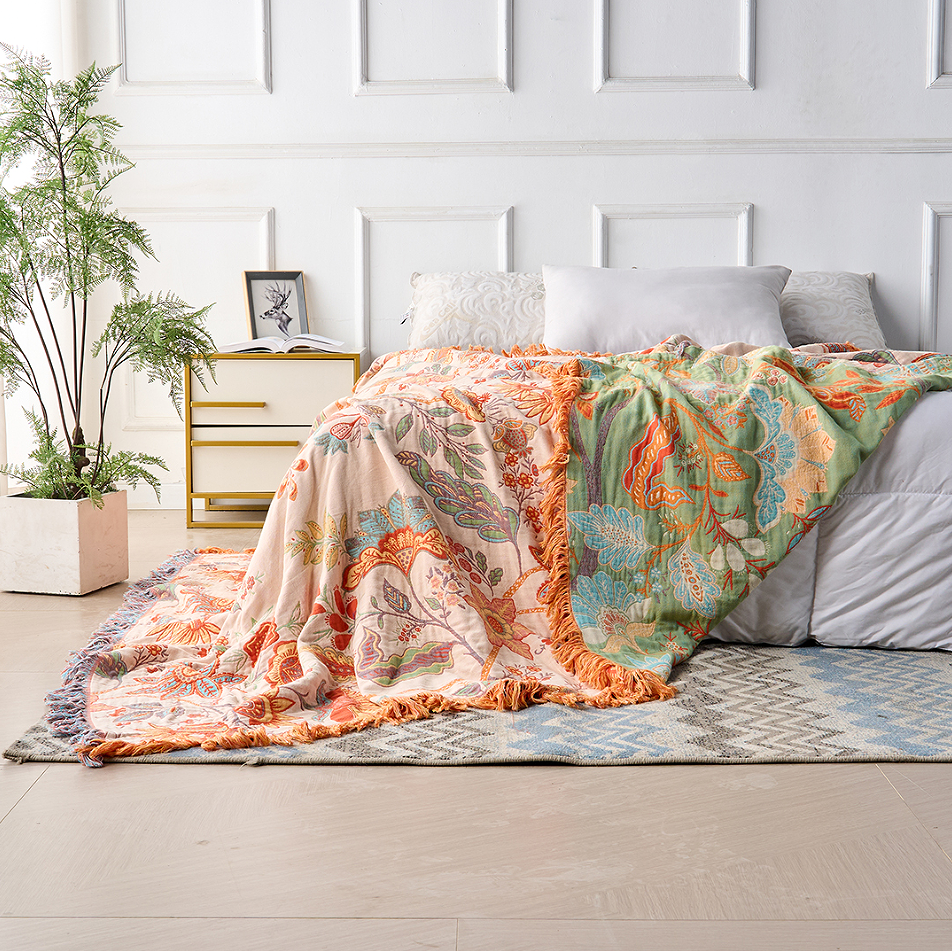 Boho-Chic – Cotton Throw Blanket with Floral Pattern