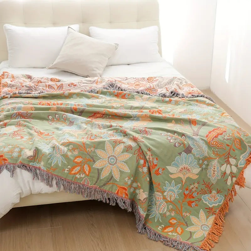 Boho-Chic – Cotton Throw Blanket with Floral Pattern