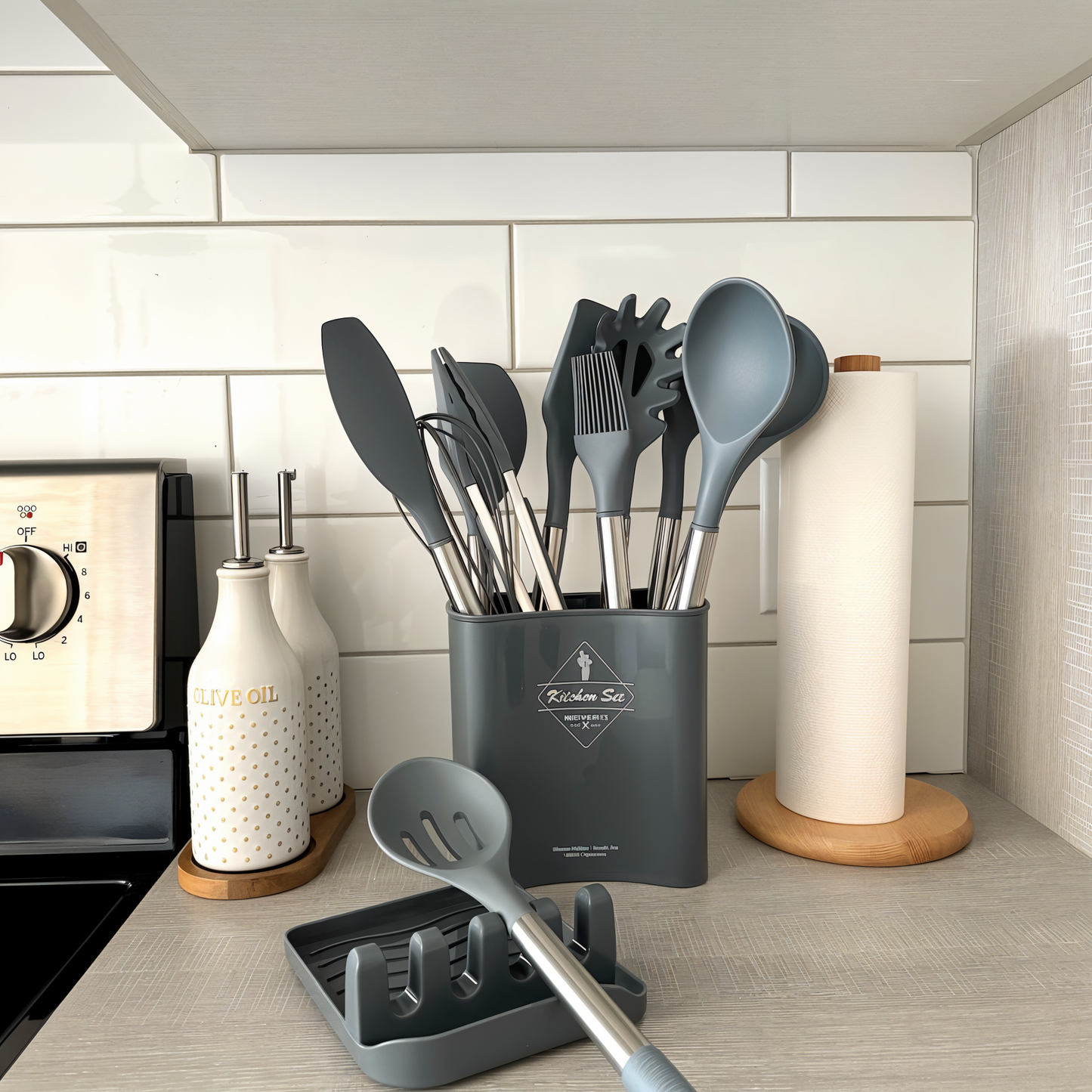 CULINARA PRO – Set de utensilios de cocina de silicona de 12 piezas con mangos de acero inoxidable para cocinar sin esfuerzo