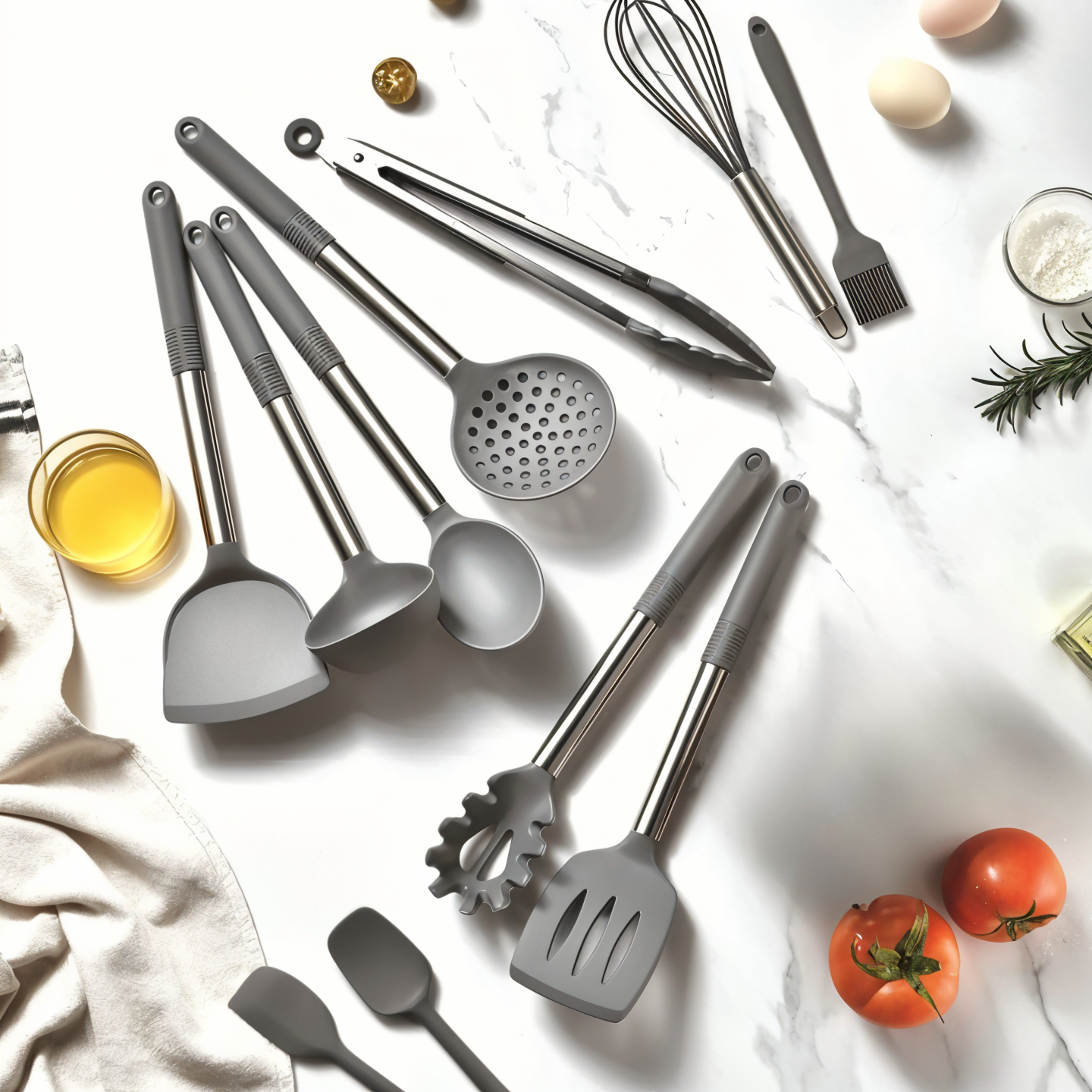 CULINARA PRO – Set de utensilios de cocina de silicona de 12 piezas con mangos de acero inoxidable para cocinar sin esfuerzo