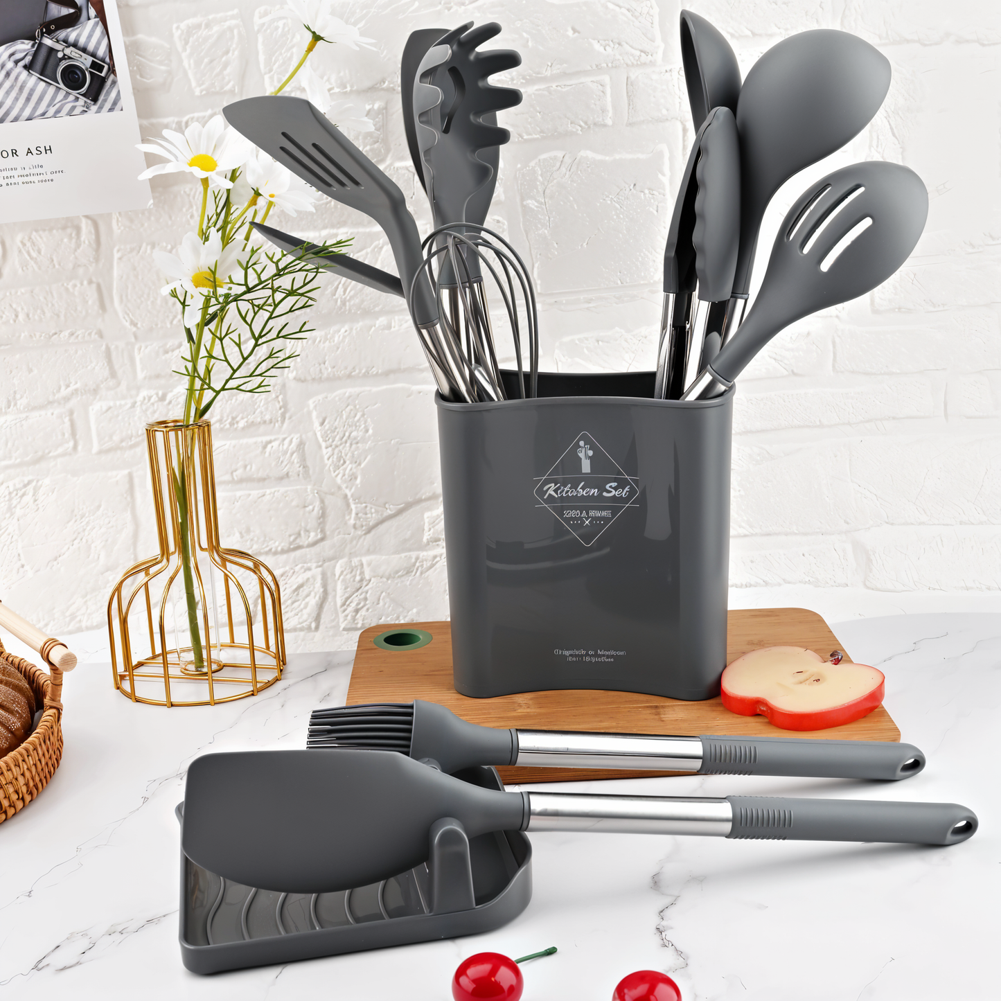 CULINARA PRO – Set de utensilios de cocina de silicona de 12 piezas con mangos de acero inoxidable para cocinar sin esfuerzo