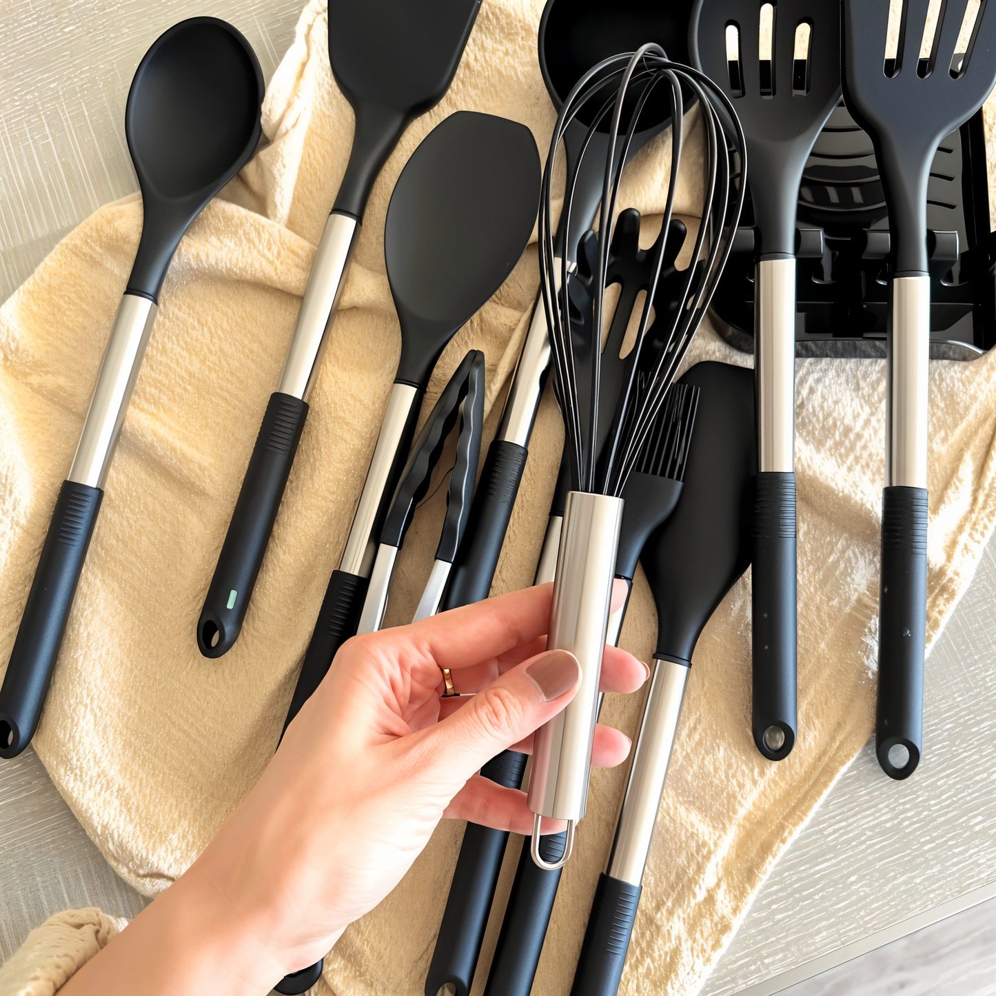 CULINARA PRO – Set de utensilios de cocina de silicona de 12 piezas con mangos de acero inoxidable para cocinar sin esfuerzo