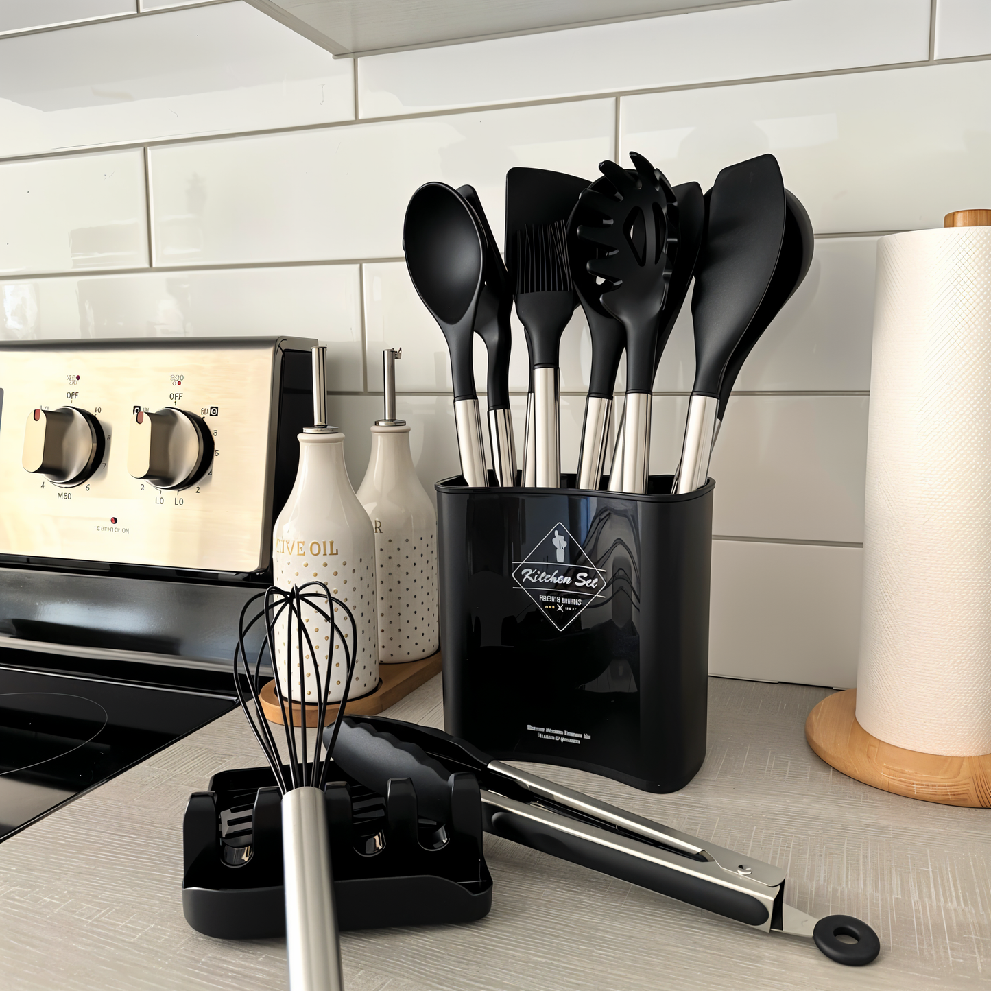 CULINARA PRO – Set de utensilios de cocina de silicona de 12 piezas con mangos de acero inoxidable para cocinar sin esfuerzo