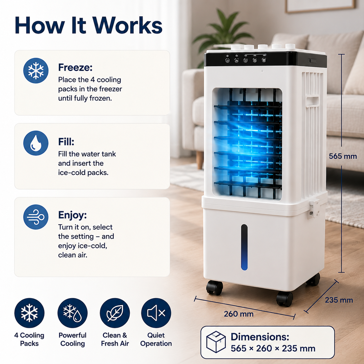 POLARFLOW – Dispositivo di raffreddamento portatile con accumulatori di freddo per aria rinfrescante