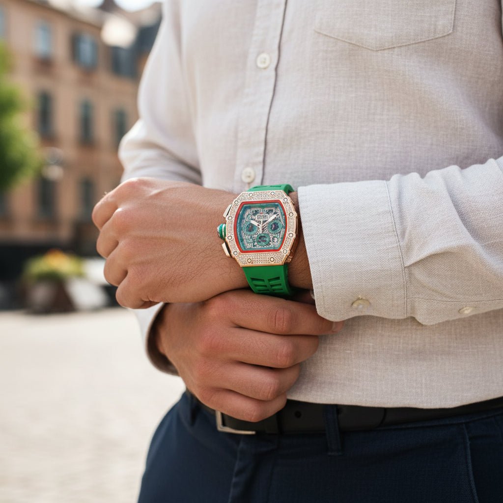 Elegante Herren Uhr Tonneau mit Strassverzierung – Hochwertige Armbanduhr für jeden Anlass 13