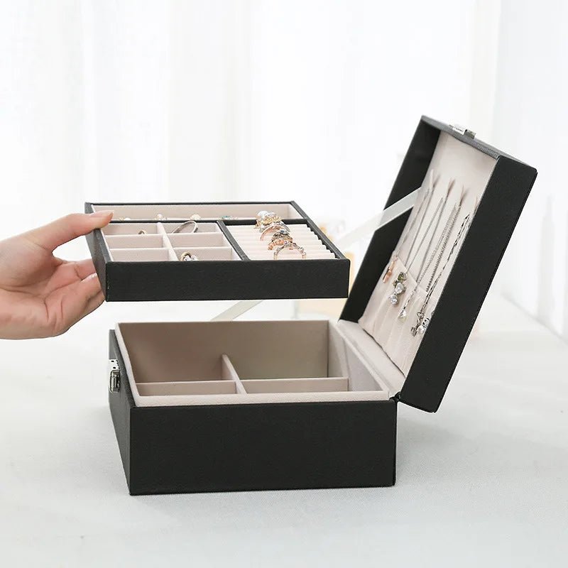 LuxeWood – Elegante scatola porta gioielli in legno con pelle PU, a 2 livelli