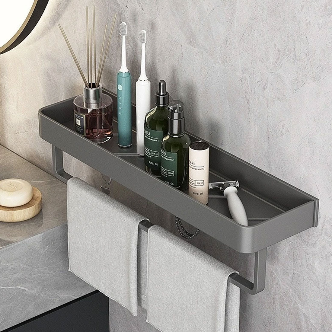 AquaShelf - Elegant wall shelf for the bathroom with towel rail & drill-free installation