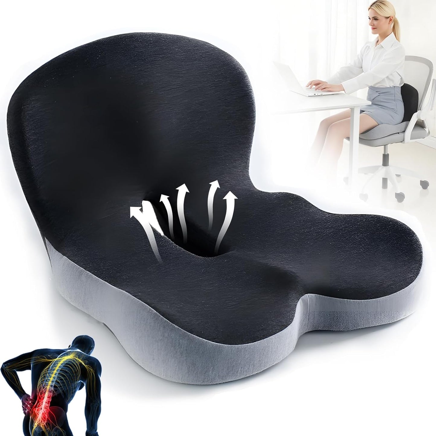 ErgoComfort Pad – Cojín ergonómico para asiento con soporte lumbar para oficina, coche y viajes