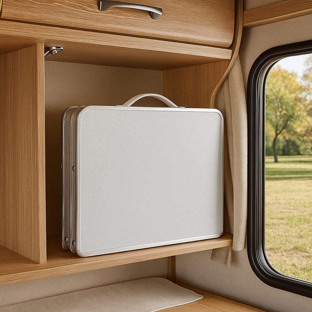 TRAILFOLD TABLE - Folding outdoor table with aluminium frame & suitcase design