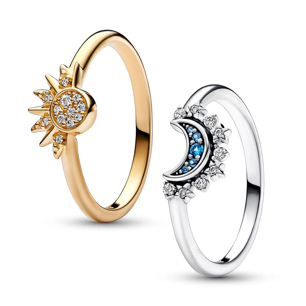 Anello in argento con cristalli scintillanti - Elegante anello in argento 925 con disegno di luna e sole