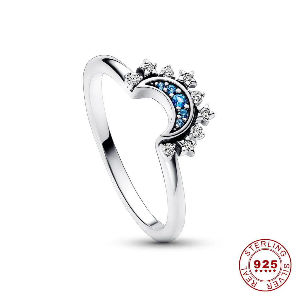 Anello in argento con cristalli scintillanti - Elegante anello in argento 925 con disegno di luna e sole