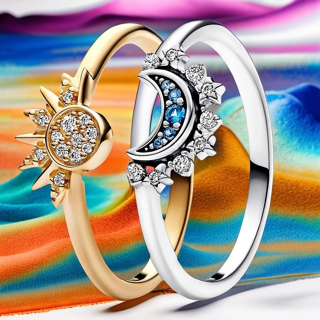 Anello in argento con cristalli scintillanti - Elegante anello in argento 925 con disegno di luna e sole