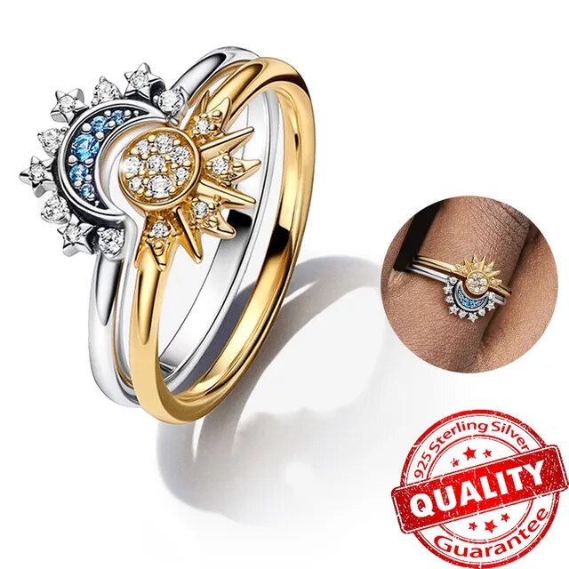 Anello in argento con cristalli scintillanti - Elegante anello in argento 925 con disegno di luna e sole