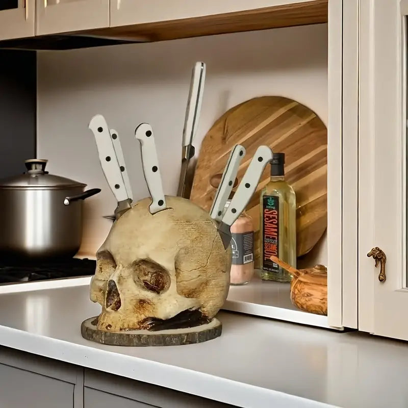 Soporte para cuchillos con calavera gótica – Soporte para cuchillos hecho a mano con diseño de calavera para hasta 7 cuchillos