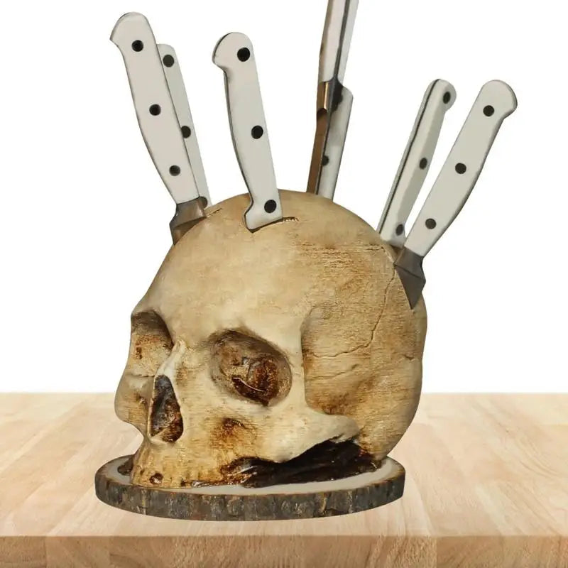Soporte para cuchillos con calavera gótica – Soporte para cuchillos hecho a mano con diseño de calavera para hasta 7 cuchillos