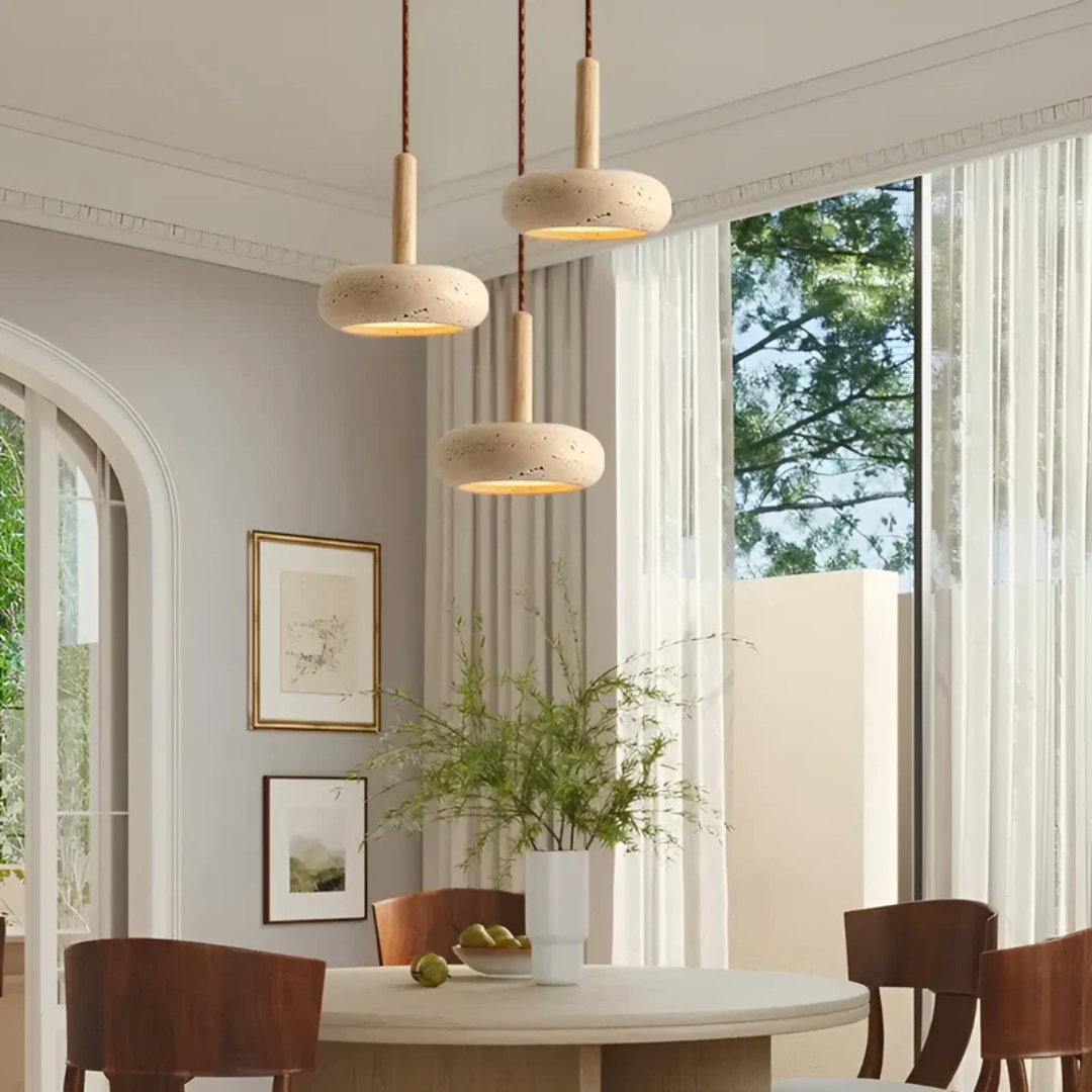 TranquilHalo – LED Retro Ceiling Light made of Wood & Stone for a calming ambiance