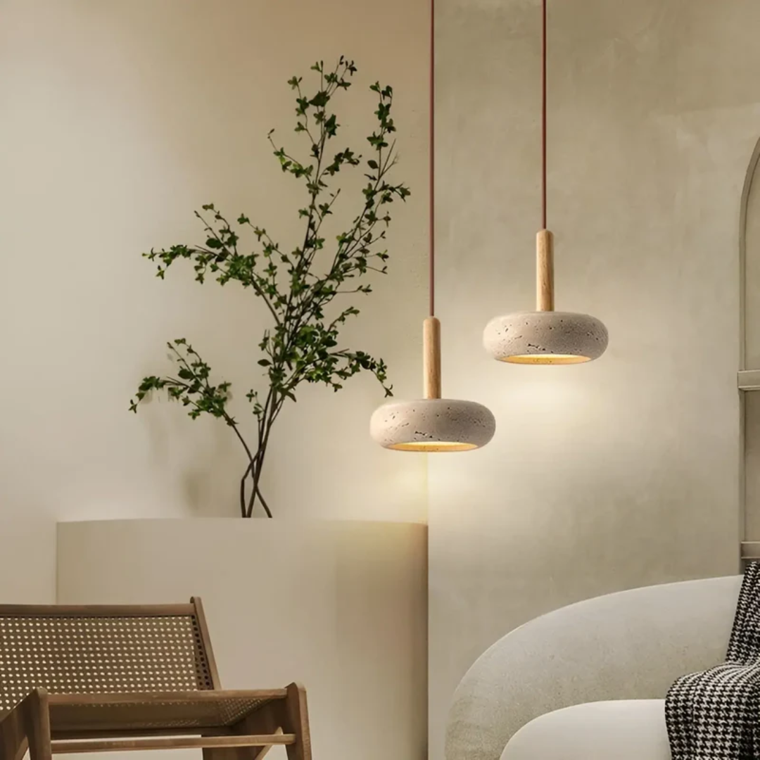TranquilHalo – LED Retro Ceiling Light made of Wood & Stone for a calming ambiance