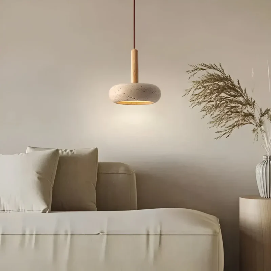 TranquilHalo – LED Retro Ceiling Light made of Wood & Stone for a calming ambiance