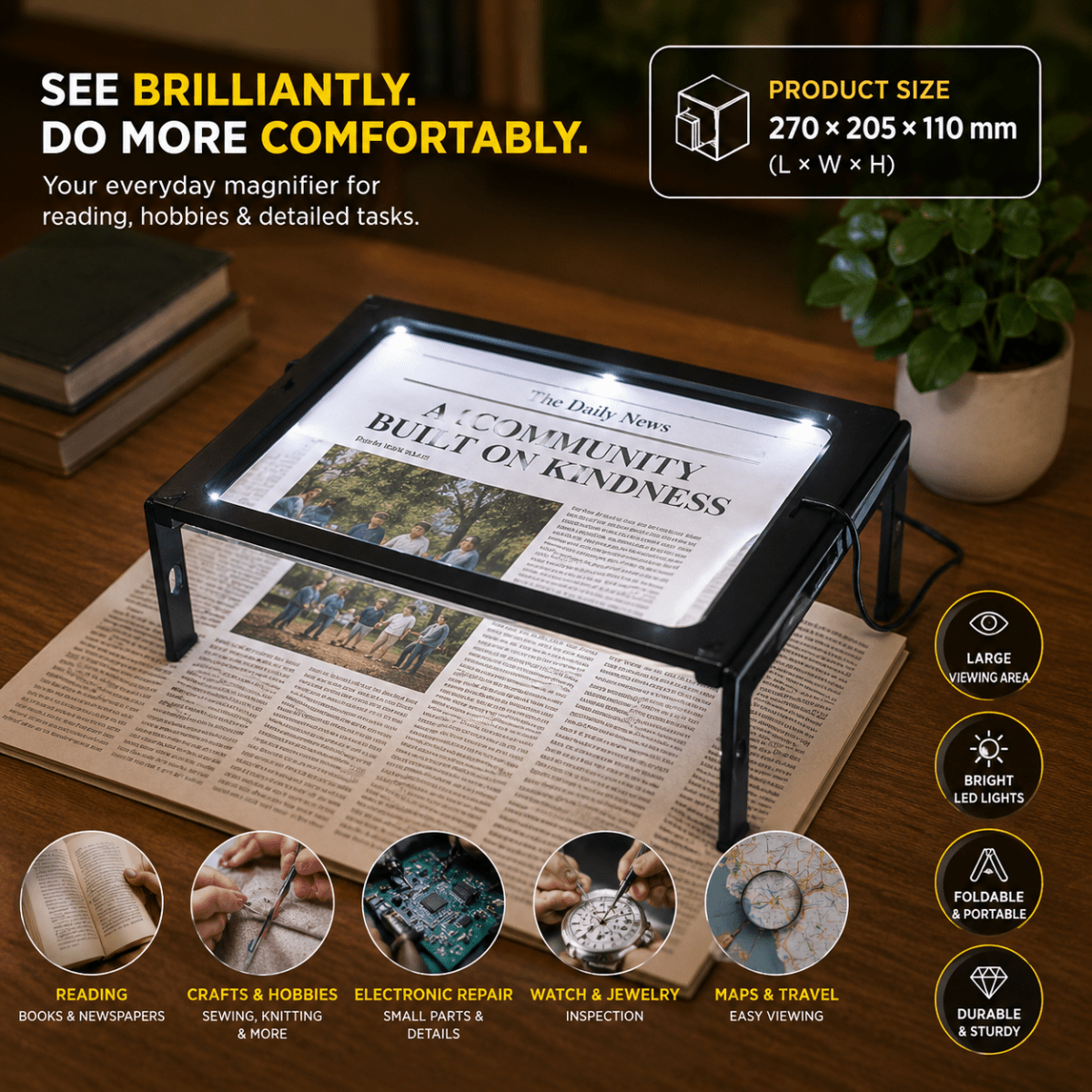 LENSHAVEN – Lente d'ingrandimento da lettura a mani libere con ingrandimento 3x e luce LED