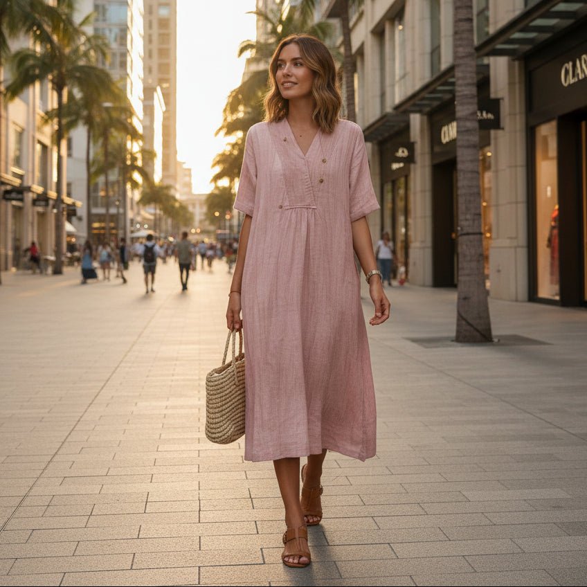 Leichtes A-Linien Damenkleid mit V-Ausschnitt und Taschen für Sommerkomfort 8