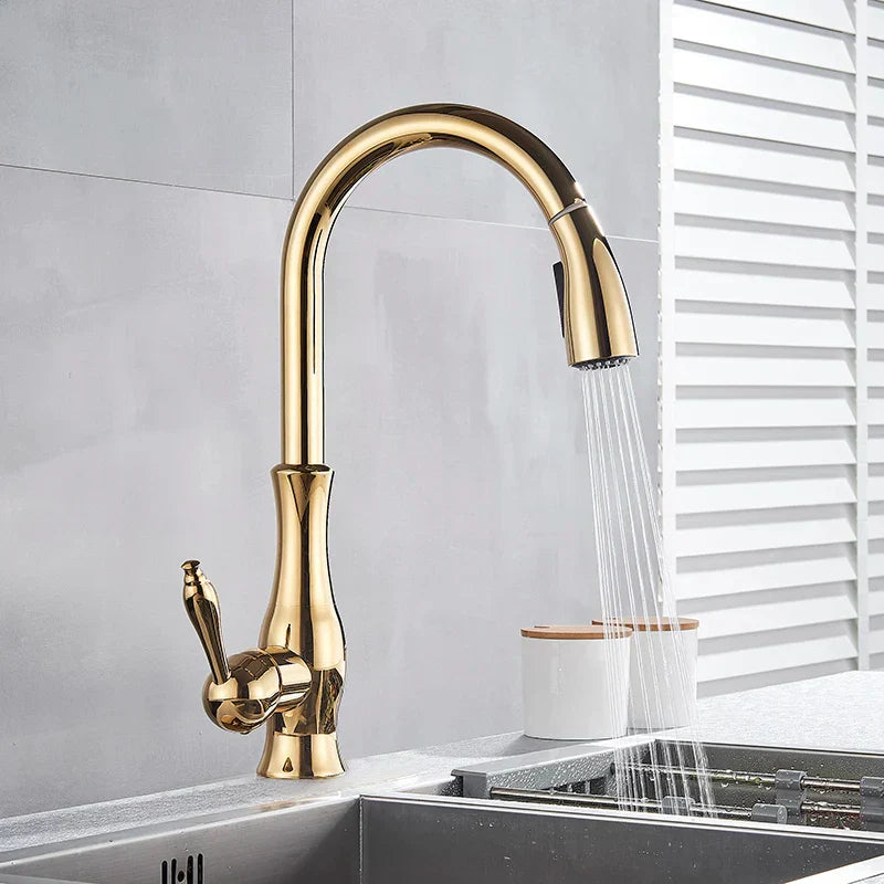 GOLDSTREAM Kitchen Mixer - Luxurious kitchen tap with pull-out spray & swivel function in a golden finish