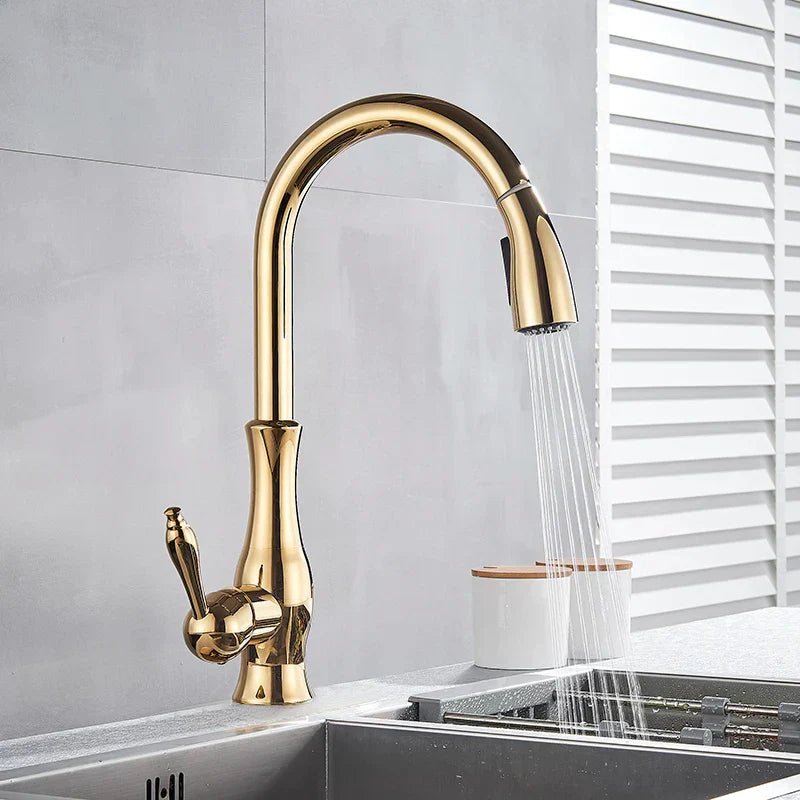 GOLDSTREAM Kitchen Mixer - Robinet de cuisine luxueux avec douchette extractible & fonction rotative en finition dorée