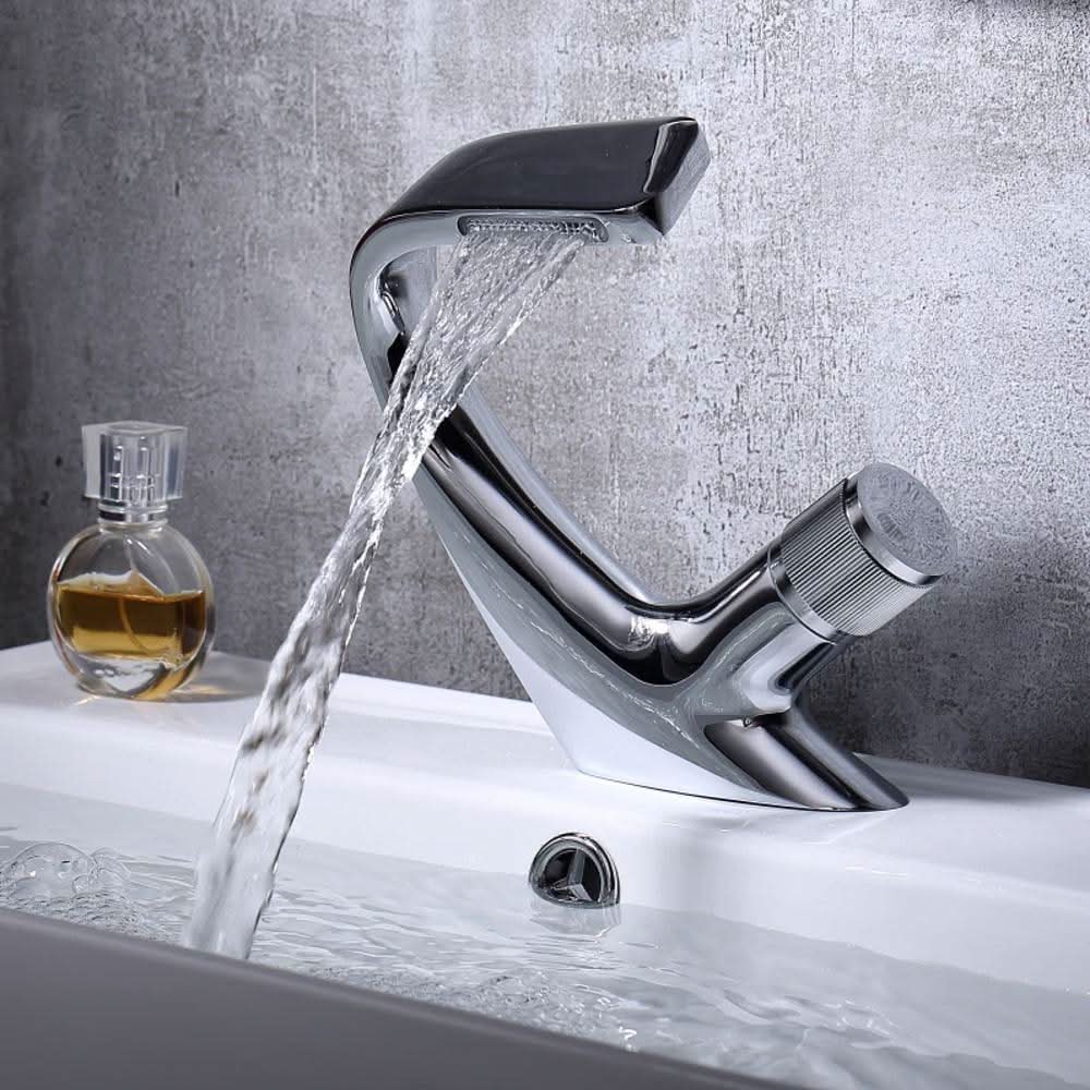 AQUACASCADE Basin Tap – Modern Waterfall Basin Faucet Made of Brass for Luxurious Bathroom Design