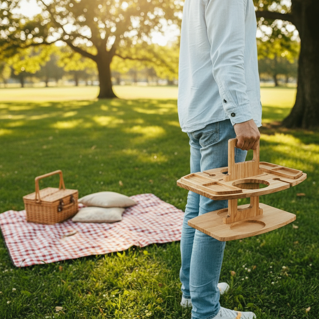 PICNIVA – Unterteilter Picknicktisch aus Holz für Wein, Gläser und Snacks 6