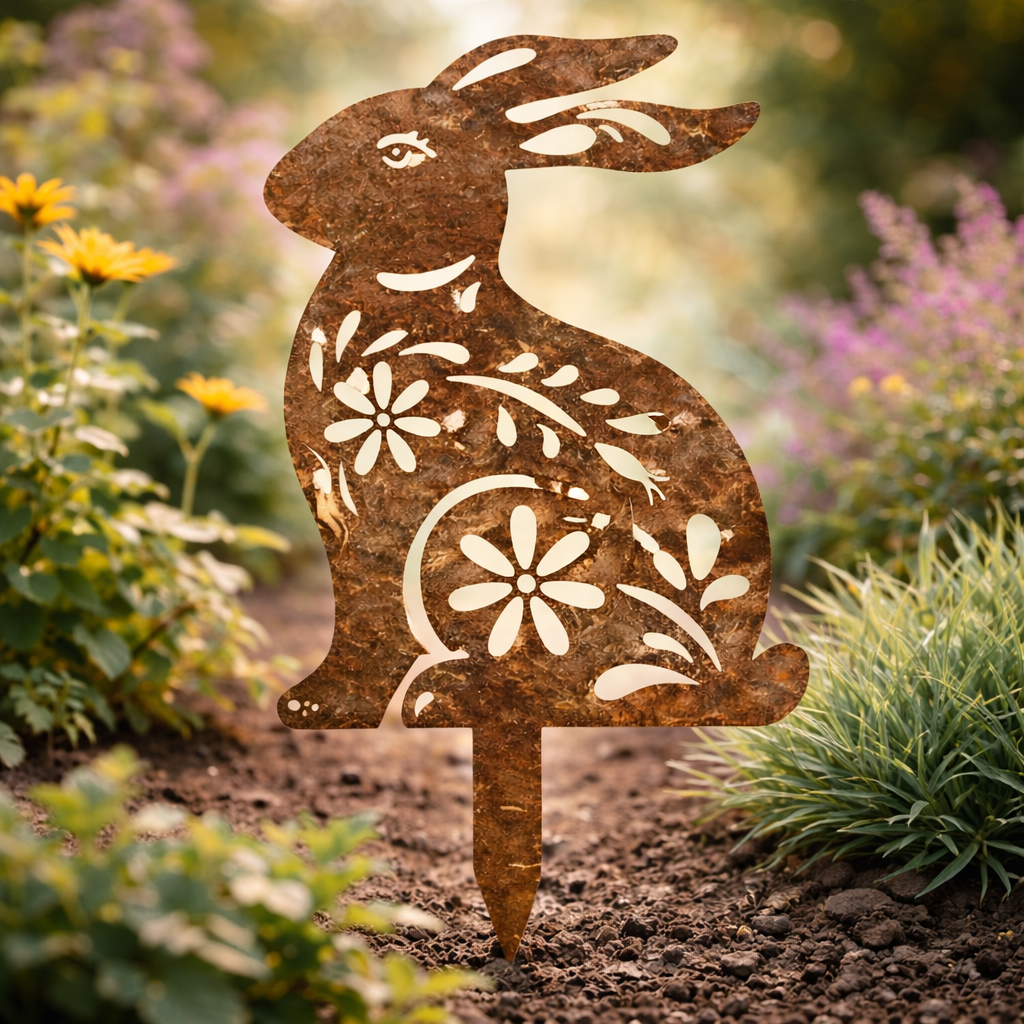 RABBITRAIL – Rustikaler Gartenstecker aus Metall in Hasenform für die ländliche Gartendekoration 13