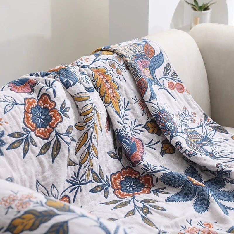 CottonBloom Blanket – Rustic Cotton Blanket with Floral Pattern, Reversible Design