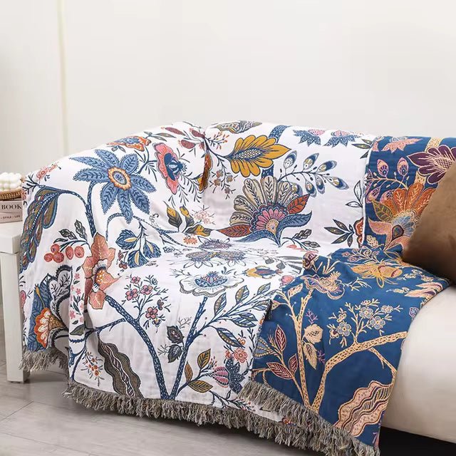CottonBloom Blanket – Rustic Cotton Blanket with Floral Pattern, Reversible Design