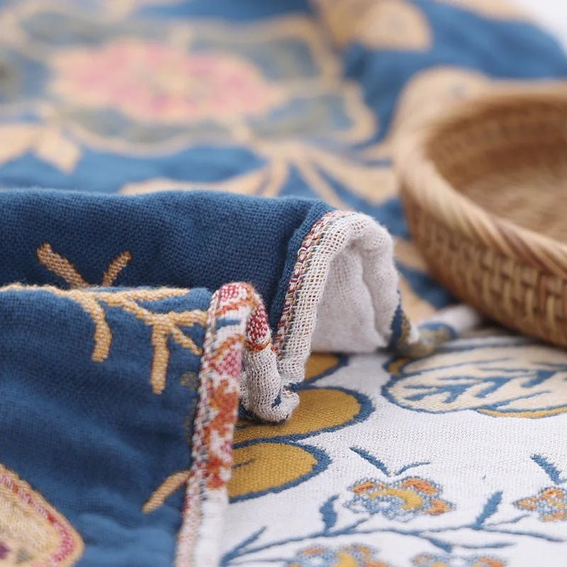 CottonBloom Blanket – Rustic Cotton Blanket with Floral Pattern, Reversible Design