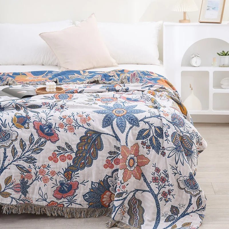 CottonBloom Blanket – Rustic Cotton Blanket with Floral Pattern, Reversible Design