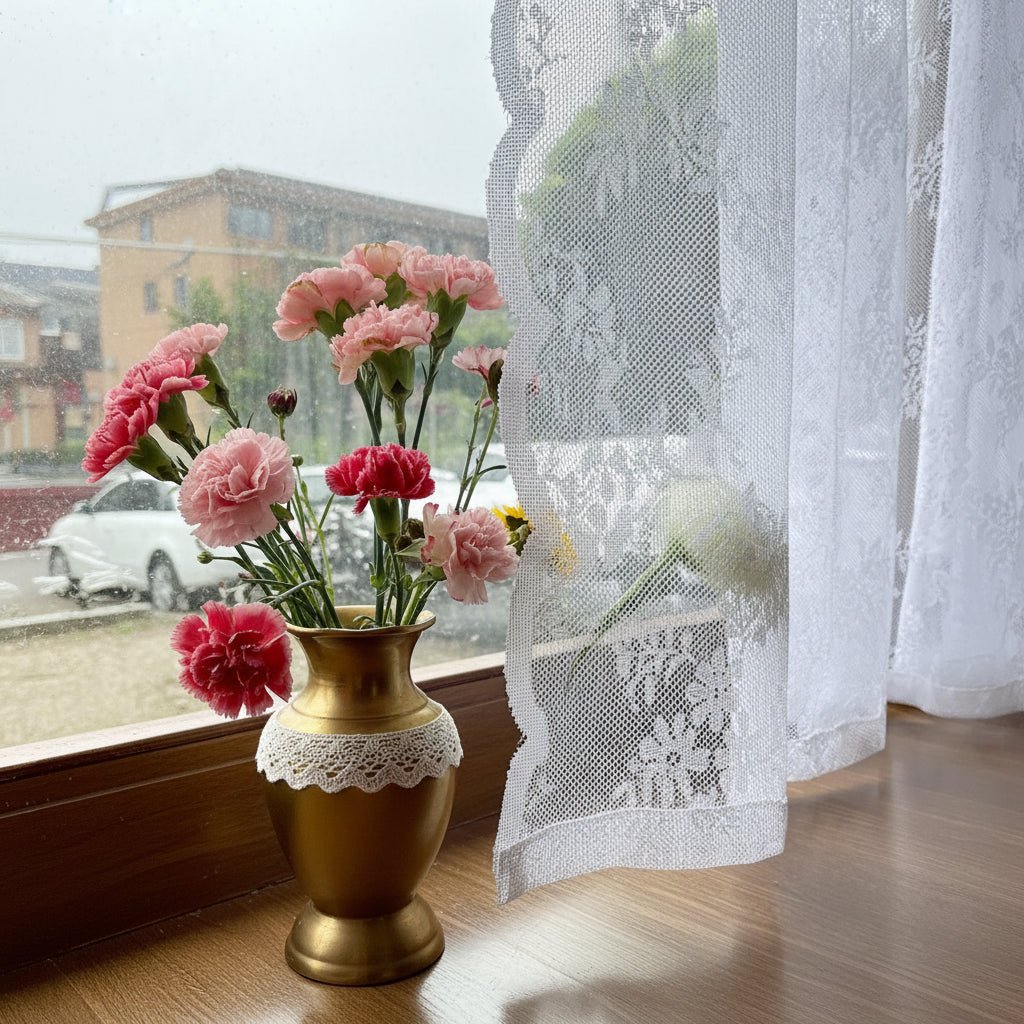 ELVAROSE - Sheer Curtain Panel with Floral Lace and Rod Pocket