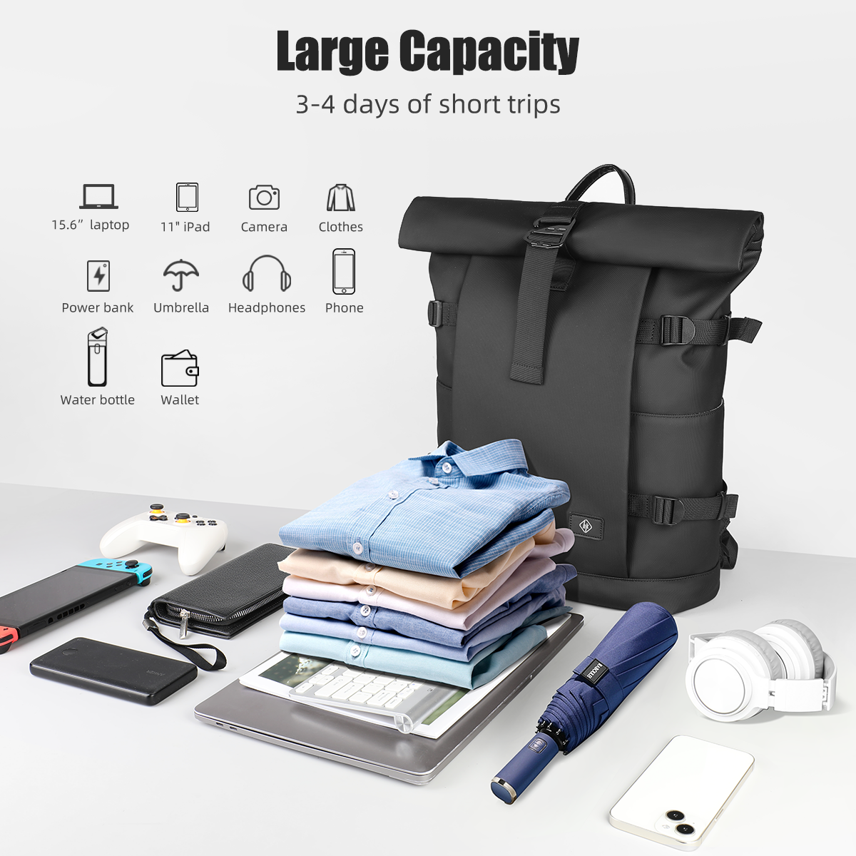 ROLLTRAIL Rugzak – Uitbreidbare outdoor rugzak met groot volume & laptopvak